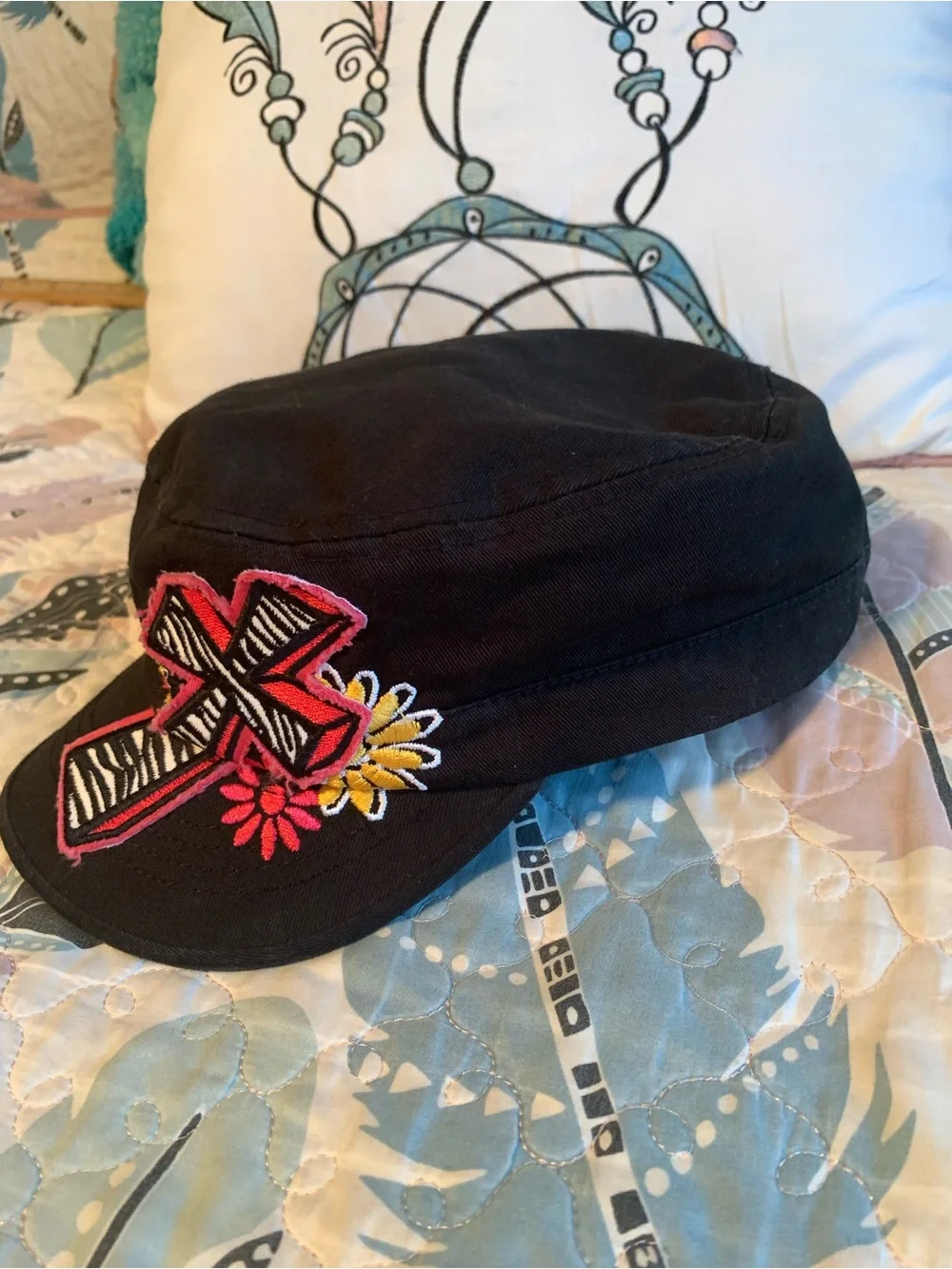 Womens Black Cap with Pink Zebra Cross Embroidery